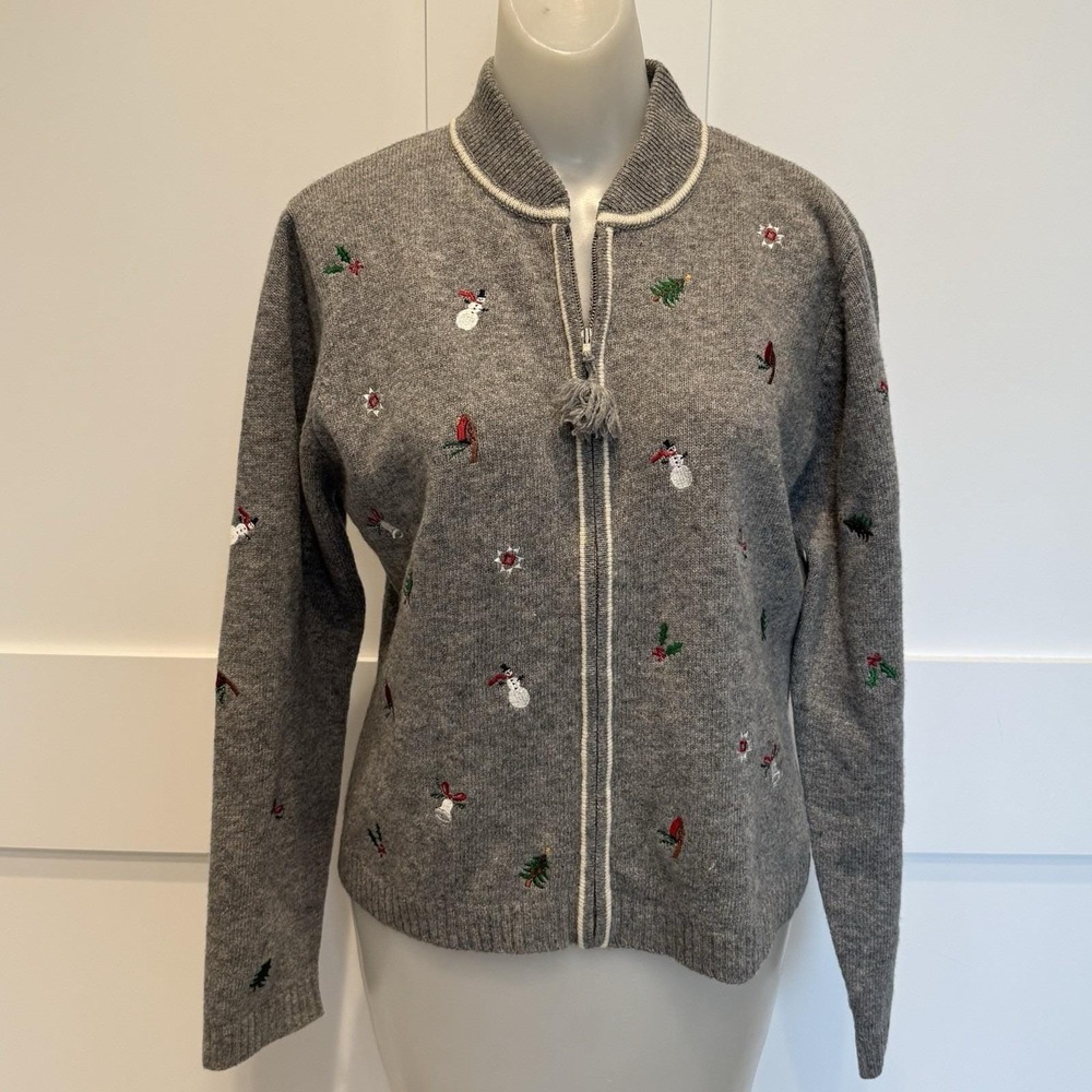 Vintage Bushwacker Womens 100% Lambswool Gray Holiday Cardigan Sweater Size L